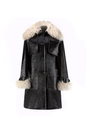 Black patent leather coat with removable shearling collar by MARGOT92